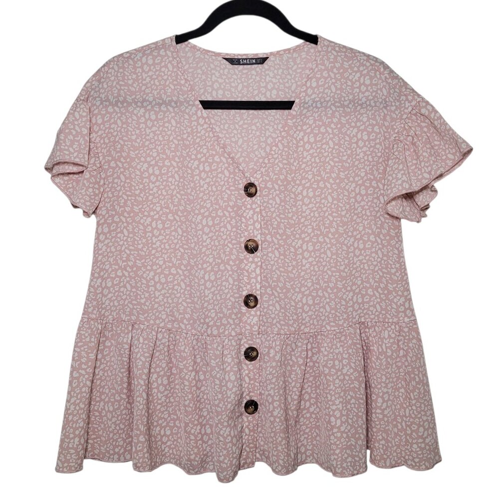SHEIN Pink Animal Print Flutter Sleeve Peplum Blouse Size Small Coquette
